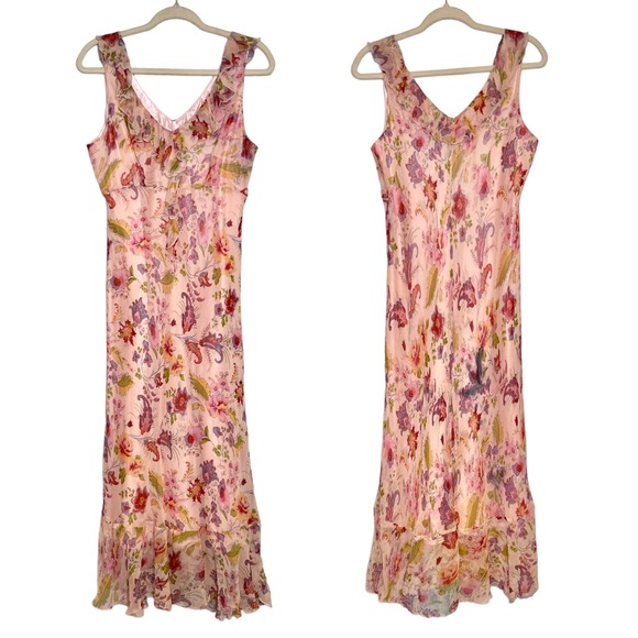 vtg JONATHAN MARTIN 100% Silk Parsley Floral Midi Dress. Size Medium - Picture 1 of 10
